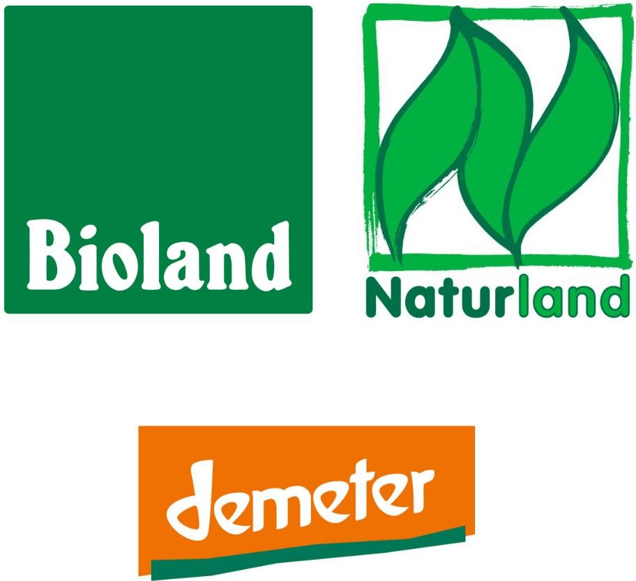 3 Bio-Siegel übereinander: Naturland, Bioland, demeter