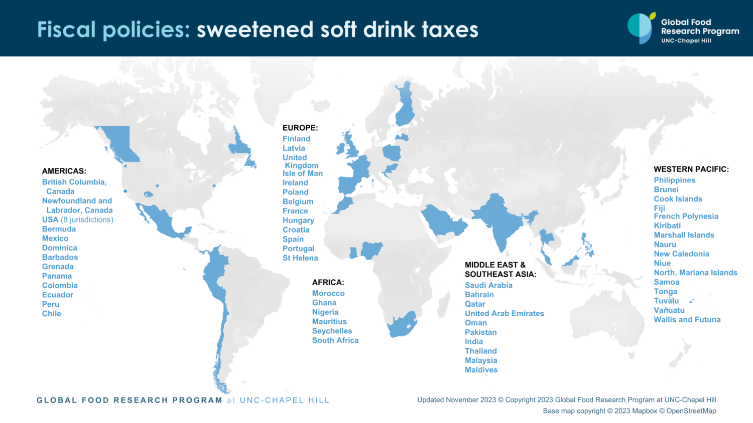 Weltkarte, die zeigt, in welchen Ländern es eine Steuer auf zuckerhaltige Getränke gibt.