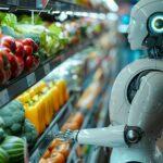 Ein humanoider Roboter steht vor einem Gemüseregal im Supermarkt.