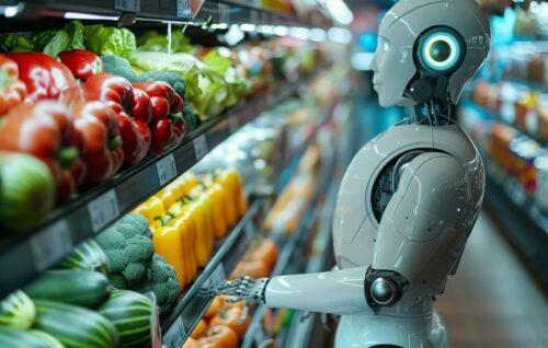 Ein humanoider Roboter steht vor einem Gemüseregal im Supermarkt.