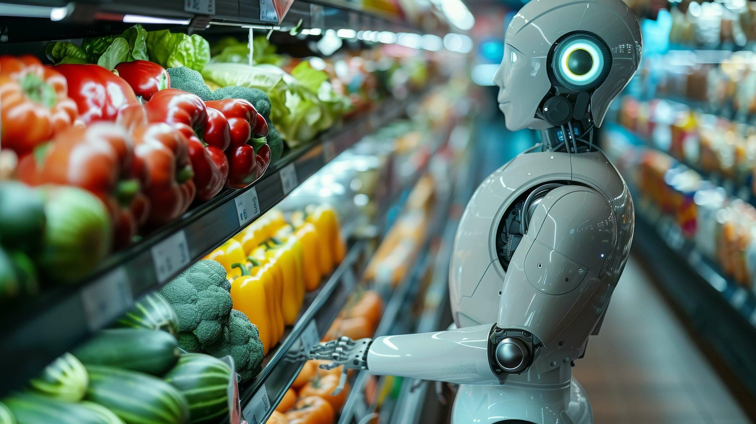 Ein humanoider Roboter steht vor einem Gemüseregal im Supermarkt.